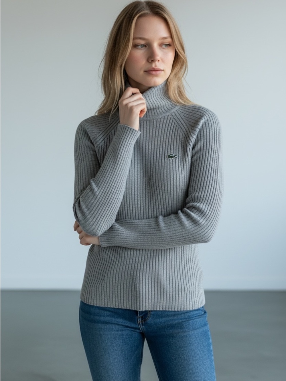 Lacoste Grey Ribbed Turtleneck Knit Sweater